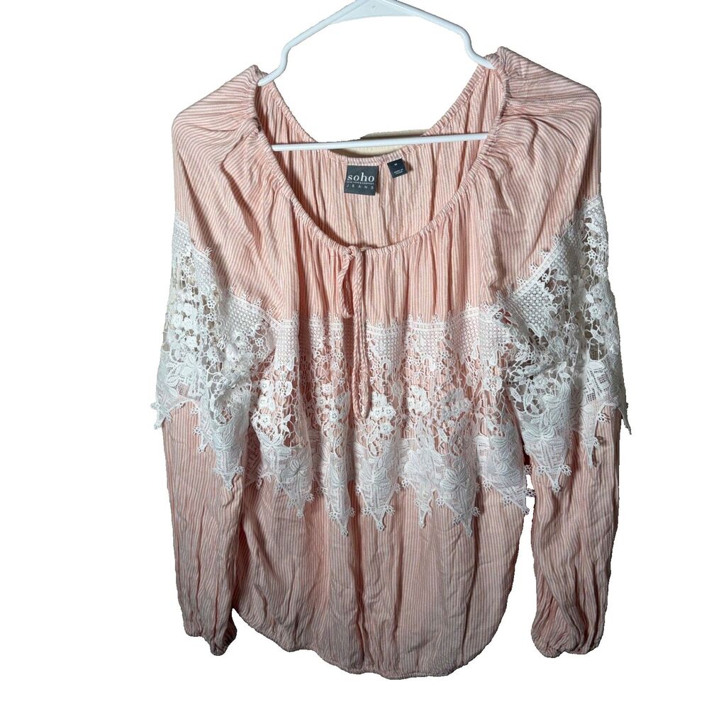Soho Jeans Women's Medium Pink Striped Lace Long Sleeve Round Neck Top